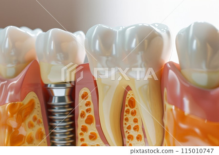 The concept of dental implants. A 3D rendering showing a dental implant placed between teeth 115010747