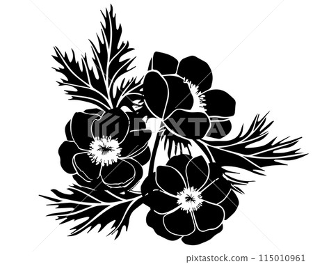 Vector anemone flowers and leaves. Hand drawn outline monochrome silhouette floral bouquet of isolated illustration. Botanical art for wedding anniversary, birthday, invitations 115010961