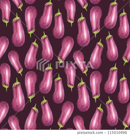 Eggplants with leaves watercolor seamless pattern on a dark purple background. Can be used for kitchen textile prints, product packaging design. 115010998