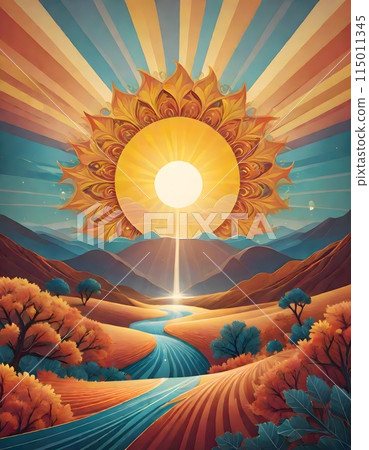 Abstract painting of a sun and river with a peaceful and serene mood. The sun is surrounded by leaves and the river is flowing through the valley, Generative AI. Abstract painting of a sun and river with a peaceful and serene mood. The sun is surrounded by leaves and the river is flowing through the valley, Generative AI. 115011345
