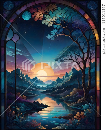 Tranquil mystical landscape depicted in ornate gothic style stained glass window, Generative AI. Tranquil mystical landscape depicted in ornate gothic style stained glass window, Generative AI. 115011367