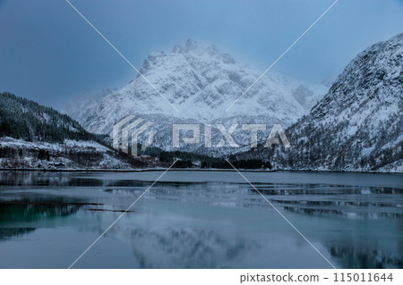 Landscape at the beginning of winter in Gullesfjorden, Lofoten Islands, Norway 115011644