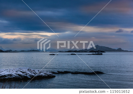 Vestfjorden landscape in the evening light of beginning winter, Lofoten Islands, Norway 115011652