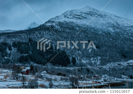 Around the village of Liland in the early evening light of the beginning winter, Lofoten Islands, Norway 115011657