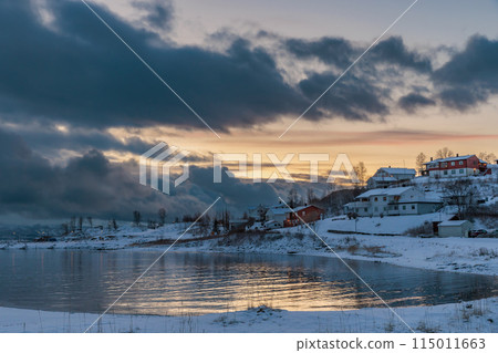 Narvik surroundings in the early evening light of the beginning of winter, Lofoten Islands, Norway Narvik surroundings in the early evening light of the beginning of winter, Lofoten Islands, Norway 115011663