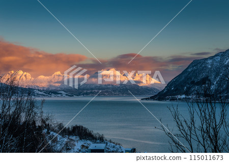 The magical light of the ending polar day on the snowy hills of Lofoten, Norway 115011673