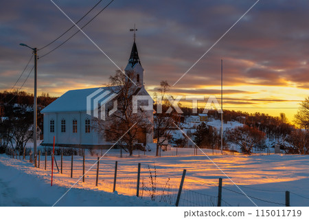 Church in Sandsoy in the early evening light of the beginning of winter, Lofoten, Norway 115011719