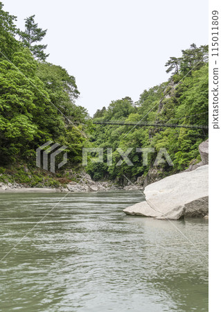 Tenryu Gorge, bridge seen from a river boat 115011809