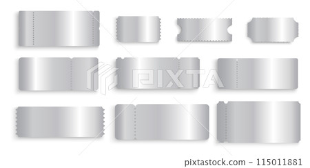 Set of silver ticket mockups. Shining metallic raffle, win lottery, coupon offer, jackpot lotto templates. Entrance or seating cards in luxury style isolated on white background. Vector illustration 115011881