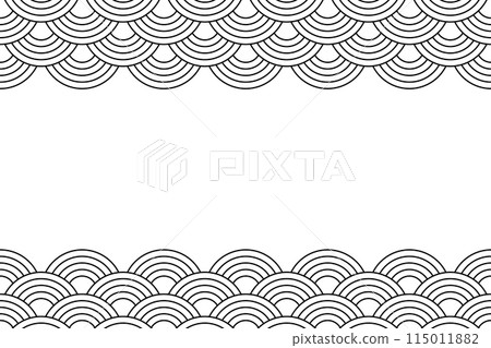 Banner template with oriental ornament with circle shapes and blank space. Waves background. Black and white seigaiha pattern. Scallops print. Fish squama or dragon scale. Vector outline illustration 115011882