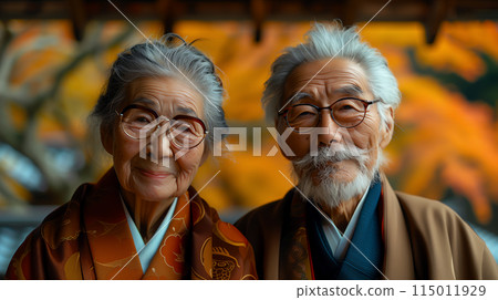A portrait of senior Japanese couple in in traditional dress A portrait of senior Japanese couple in in traditional dress 115011929