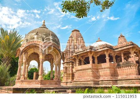 Front view inside of Mandore Gardens with amazing cenotaphs, ruins and temples Front view inside of Mandore Gardens with amazing cenotaphs, ruins and temples 115011953