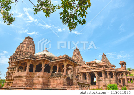 Front view inside of Mandore Gardens with amazing cenotaphs, ruins and temples 115011955