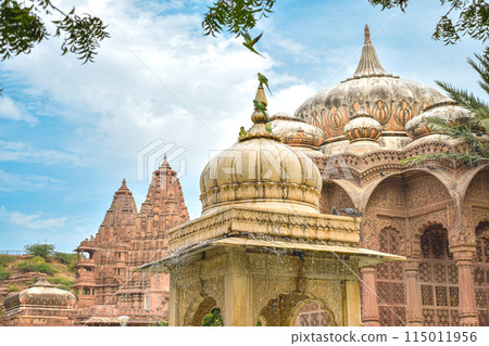 Front view inside of Mandore Gardens with amazing cenotaphs, ruins and temples 115011956