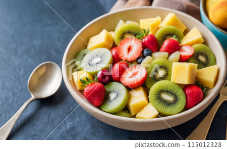 Fresh Fruit Salad with Strawberries, Kiwi, and Pineapple in Bowl 115012328