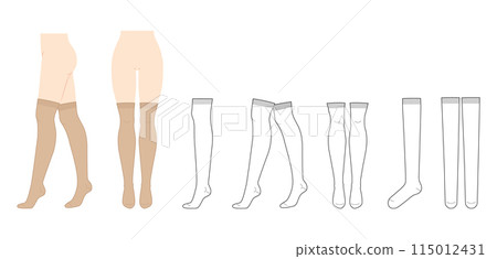 Over-the-knee Socks length set on women legs and CAD flat template mockup. Hosiery Fashion accessory clothing Over-the-knee Socks length set on women legs and CAD flat template mockup. Hosiery Fashion accessory clothing 115012431