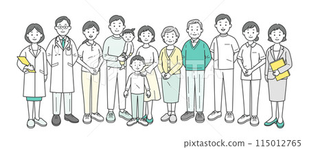 A full-body illustration of an elderly couple, their family, a doctor, a nurse, a caregiver, and a care manager/nutritionist 115012765