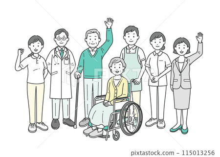 一對老年夫婦、家人、醫生、護士、護理人員和護理經理一起揮手的全身插圖 115013256