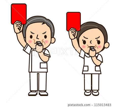 Nurse uniform man and woman giving red card 115013483
