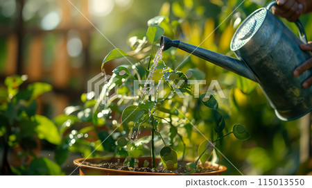 給金錢樹澆水的園藝場景 給金錢樹澆水的園藝場景 115013550