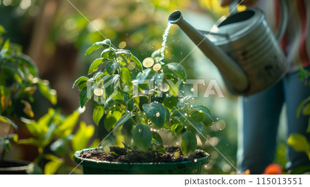 給金錢樹澆水的園藝場景 給金錢樹澆水的園藝場景 115013551