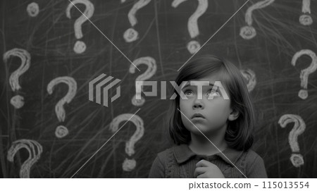 一個有疑問的女孩和黑板上的問號 一個有疑問的女孩和黑板上的問號 115013554