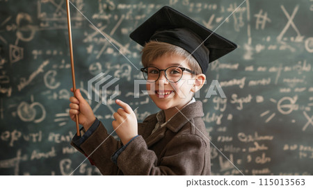 A smart boy holds a pointer in front of a blackboard A smart boy holds a pointer in front of a blackboard 115013563