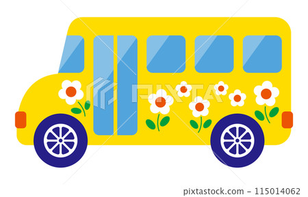 可愛的黃色校車與花的插圖（側面） 115014062