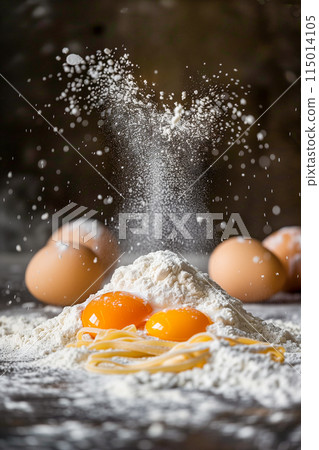 A pile of flour and eggs with a cloud of flour in the air A pile of flour and eggs with a cloud of flour in the air 115014105
