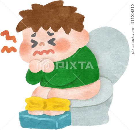 一個男孩在廁所裡胃痛的手繪插圖 115014210