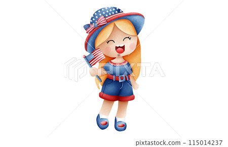 Cute American patriot girl in a 4th of July dressed, Hand holding a flag. 115014237