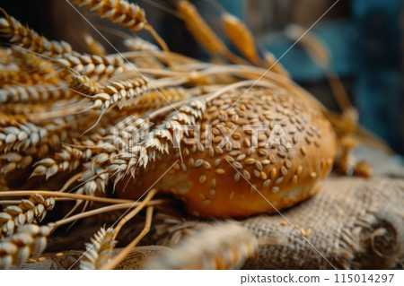 The concept of baking bread. Various breads and wheat varieties displayed on the table 115014297
