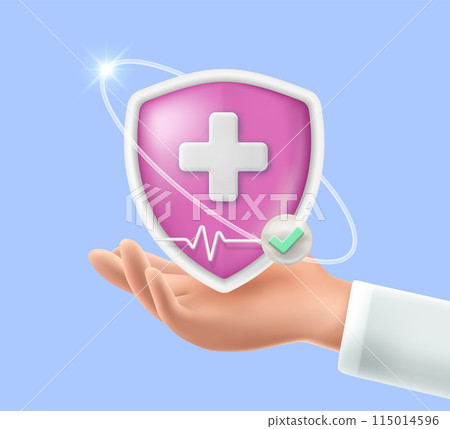 Hand holding shield with medical cross symbol with pulse line and check mark medical health insurance concept Isolated on a pastel blue background. Vector 3D illustration. 115014596