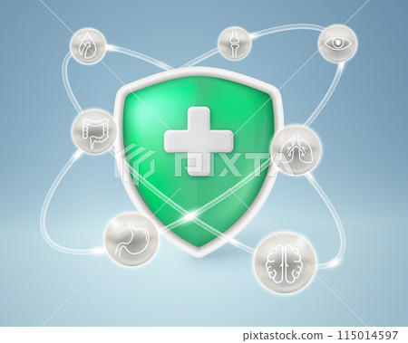 Health care icons Medical shield and insurance to protect against diseases such as brain, intestinal, stomach, bone, and lung diseases. Vector illustration file. 115014597