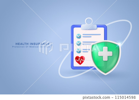 Health insurance concept Clipboard with documents for healthcare, finance, and medical services. 3D vector illustration. 115014598