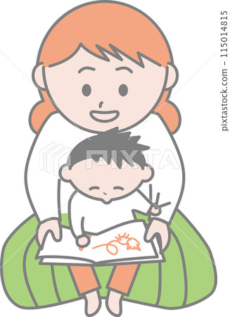 A boy sitting on his mother's lap and drawing A boy sitting on his mother's lap and drawing 115014815