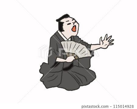 說書人手持扇子，一邊比劃一邊說話。 115014928