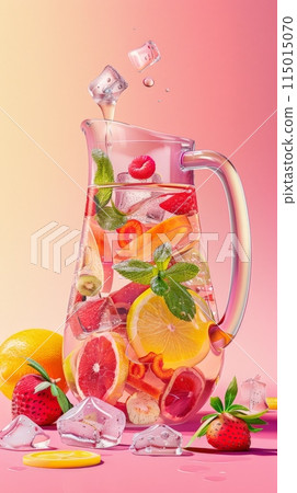 Fruit-infused water pitcher with fresh berries and citrus slices on a pink background. Refreshing summer drink. 115015070