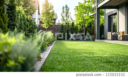 Modern house with a beautifully landscaped garden and lush greenery. Perfect for real estate listings and garden design showcases. 115015132