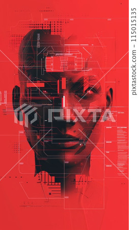Digital face with technological patterns and data visualization on red background. Represents biometric authentication, cyber security, and face recognition. 115015135