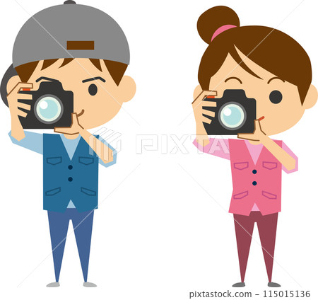 Image illustration of a man and woman holding a single-lens reflex camera 115015136