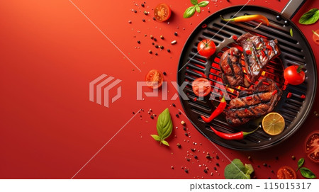 Grilled meat and vegetables on a barbecue grill with tomatoes and spices on a red background. Ideal for summer barbecues. 115015317