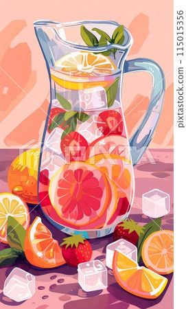 Illustrated pitcher of lemonade with citrus slices and strawberries. Perfect summer drink illustration for refreshing beverage promotions. 115015356