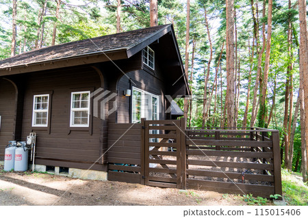 A cottage with a dog run built in the forest 115015406
