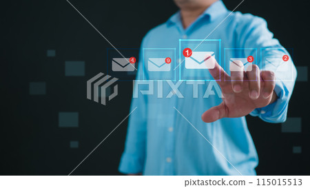 Online marketing, data link tech, Online communication, Businessman holding smartphone and touching with virtual icon white newsletter for electronic mail or E-mail with notification alert. 115015513
