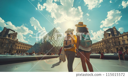 Two friends exploring the Louvre Pyramid in Paris. Discovering art and history in the heart of France. 115015572