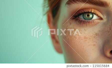 Macro shot of a young woman's eye and freckles with smooth skin and a serene expression against a green background. 115015684