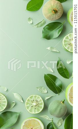 Fresh green fruits and leaves on a light green background. Including melons, limes, and citrus slices Fresh green fruits and leaves on a light green background. Including melons, limes, and citrus slices 115015701