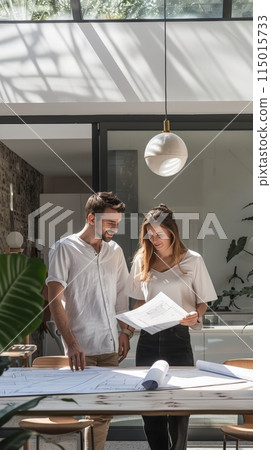 Young couple reviewing architectural blueprints in a modern office. Real estate project planning and teamwork concept. 115015733