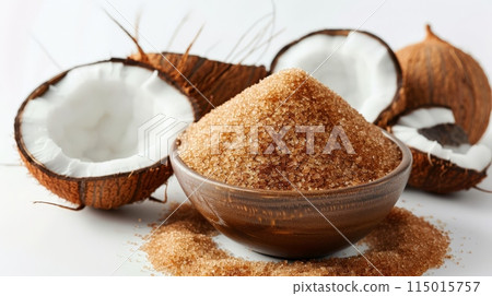 Bowl of coconut sugar surrounded by fresh coconut halves on a white background. Ideal for low-calorie and sugar-free diets 115015757